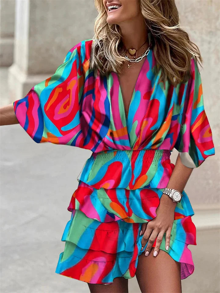 Robe d'été Femme à manches courtes avec décolleté en V et volants