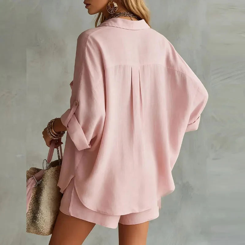 Ensemble Chemise Oversized et Shorts d'Été pour Femmes avec Col en V et Manches Longues