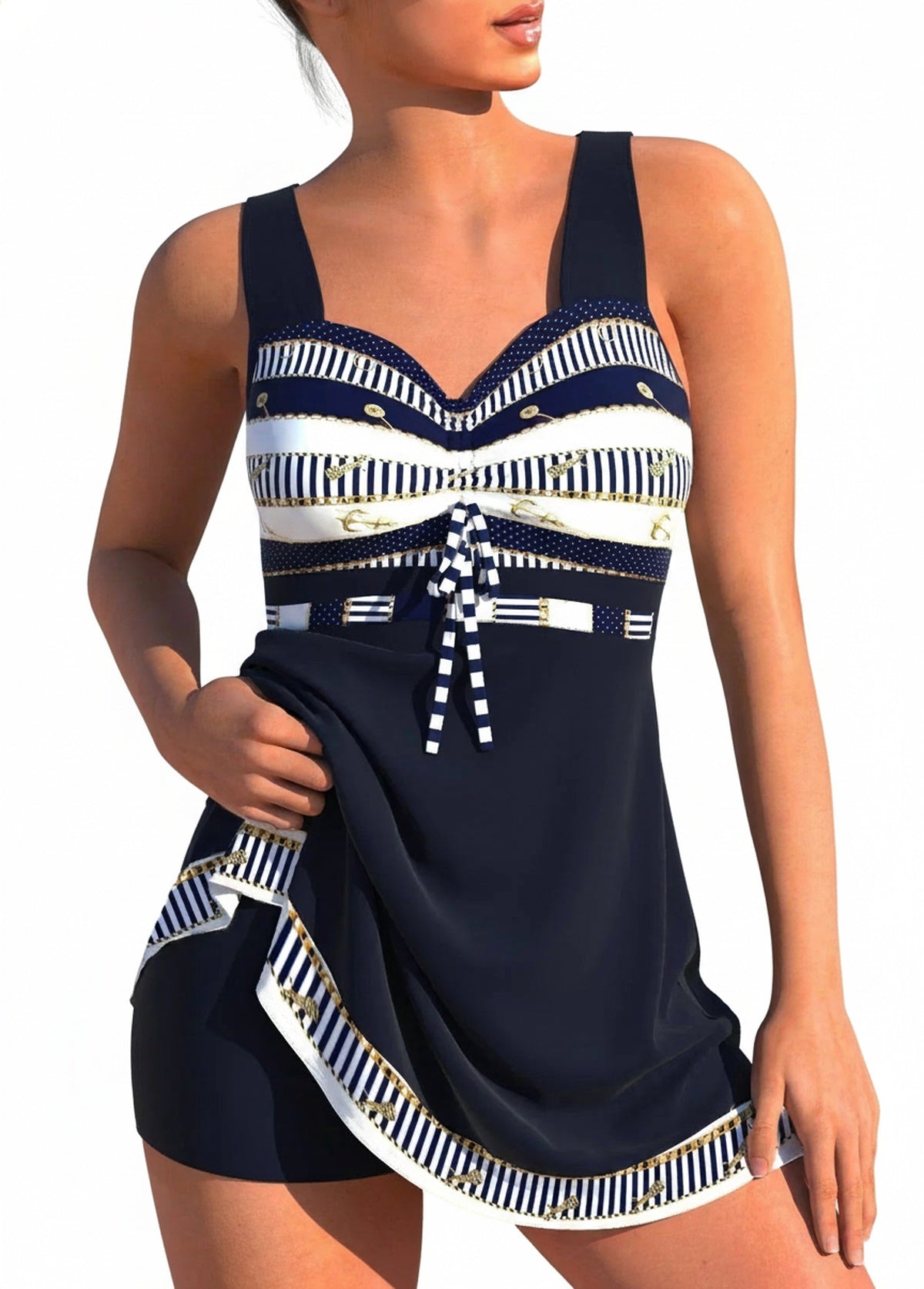 Maillot de Bain Femme avec Jupe, Bretelles Larges et Détail Nœud
