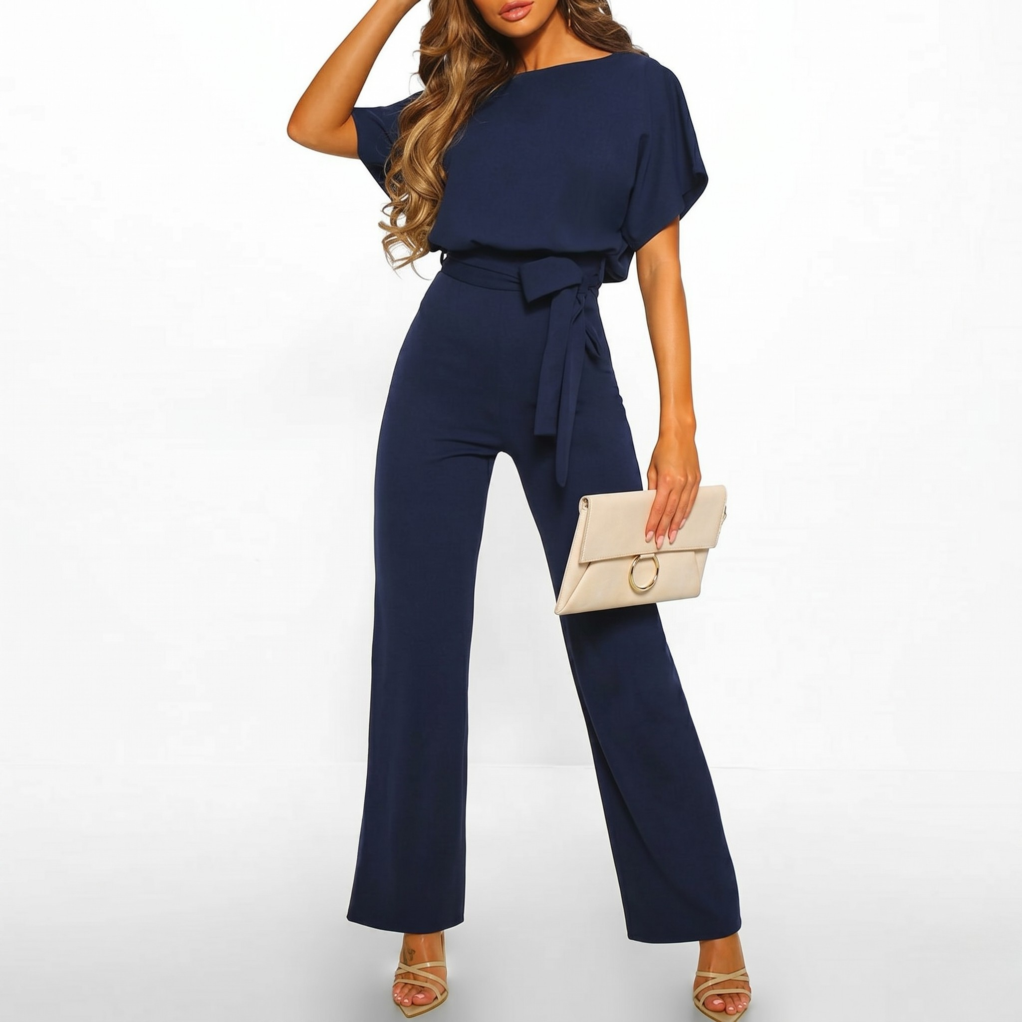 Combinaison Femme Manches Courtes Décontractée Coupe Large Ceinture Élégante