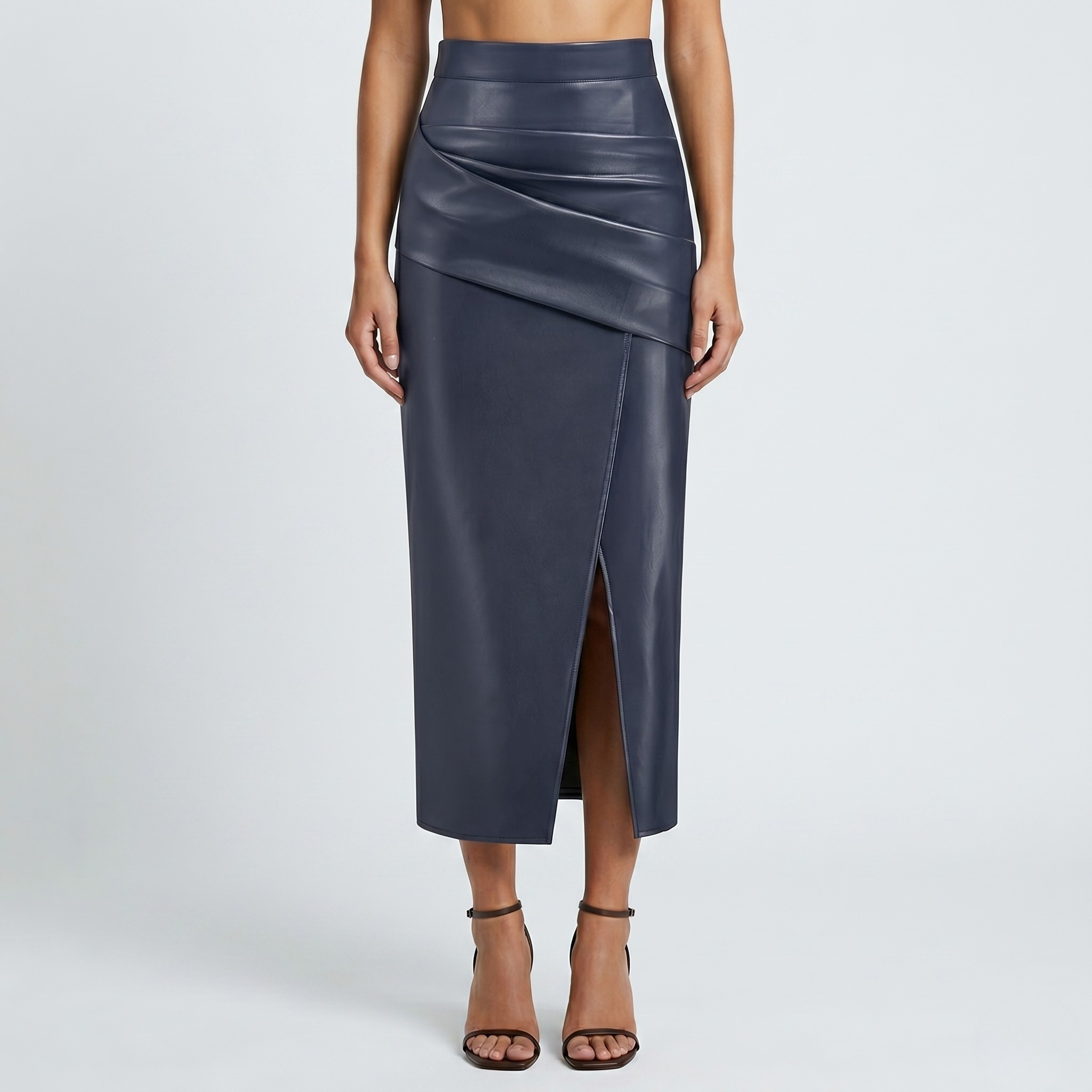 Jupe Midi Femme Froncée avec Fente Taille Haute Coupe Ajustée Élégante