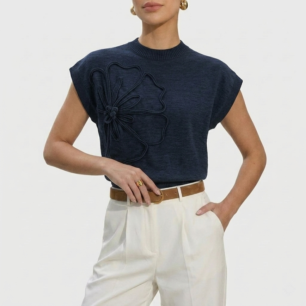 Haut Femme Maille avec Appliqué Fleur Manches Courtes Élégant