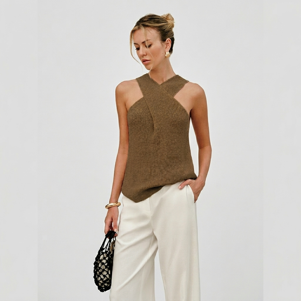 Haut Femme Col Halter Croisé Sans Manches Élégant d’Été