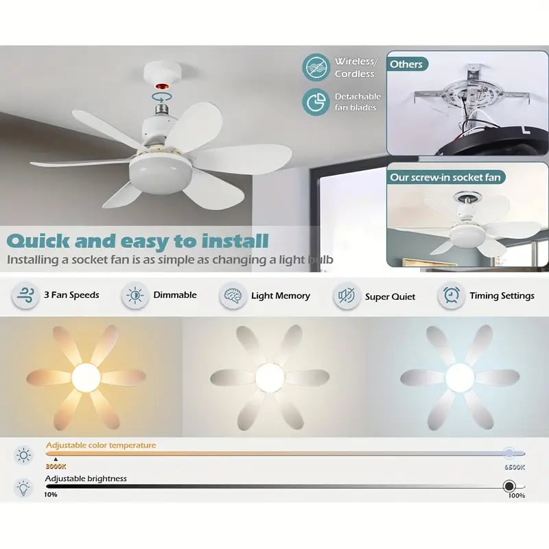 LuxeBreeze Ventilateur de Plafond Portable & Lumière | Élégante solution 2-en-1 avec télécommande pour confort et style
