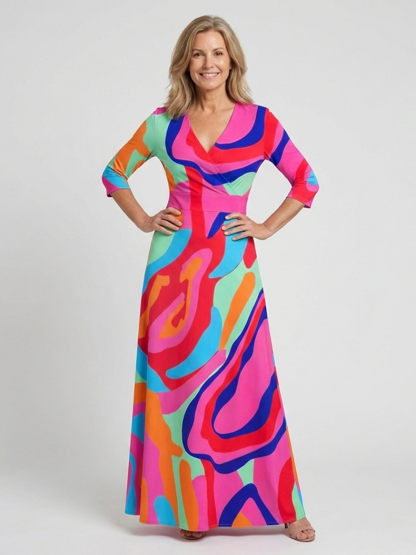 Naomi | Robe Maxi Abstraite à Manches Trois Quarts et Col V
