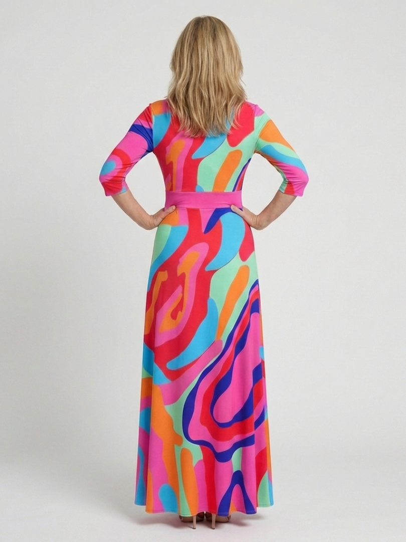 Naomi | Robe Maxi Abstraite à Manches Trois Quarts et Col V