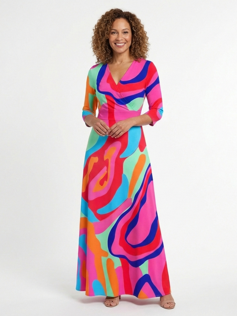 Naomi | Robe Maxi Abstraite à Manches Trois Quarts et Col V