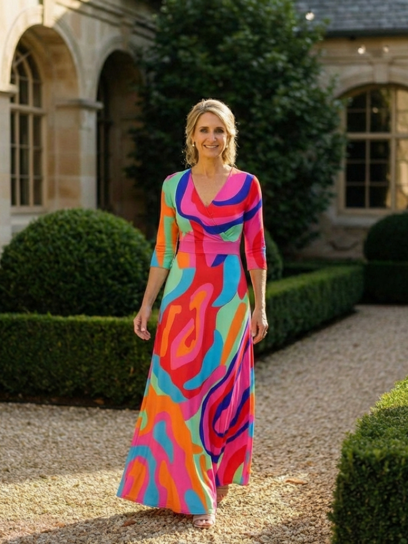 Naomi | Robe Maxi Abstraite à Manches Trois Quarts et Col V