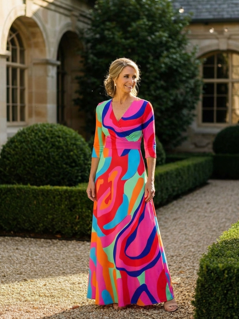 Naomi | Robe Maxi Abstraite à Manches Trois Quarts et Col V