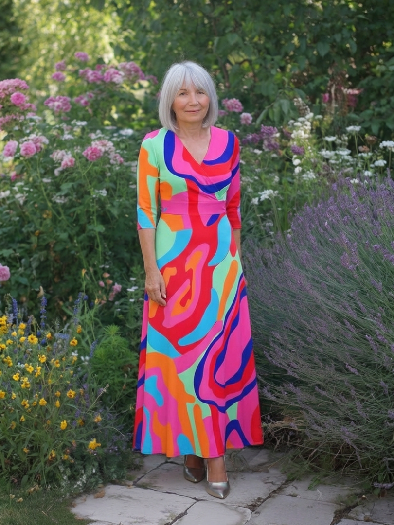 Naomi | Robe Maxi Abstraite à Manches Trois Quarts et Col V