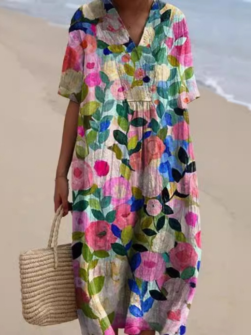Margaret | Robe Midi Florale à Manches Courtes