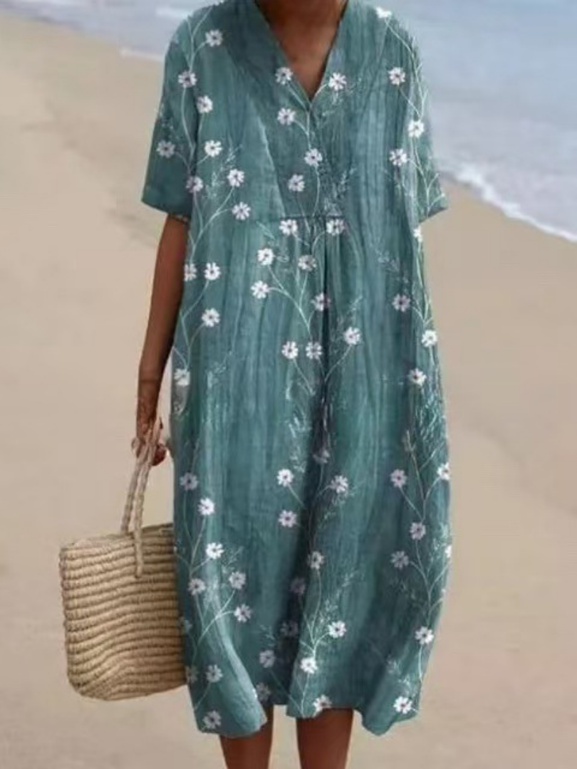 Margaret | Robe Midi Florale à Manches Courtes