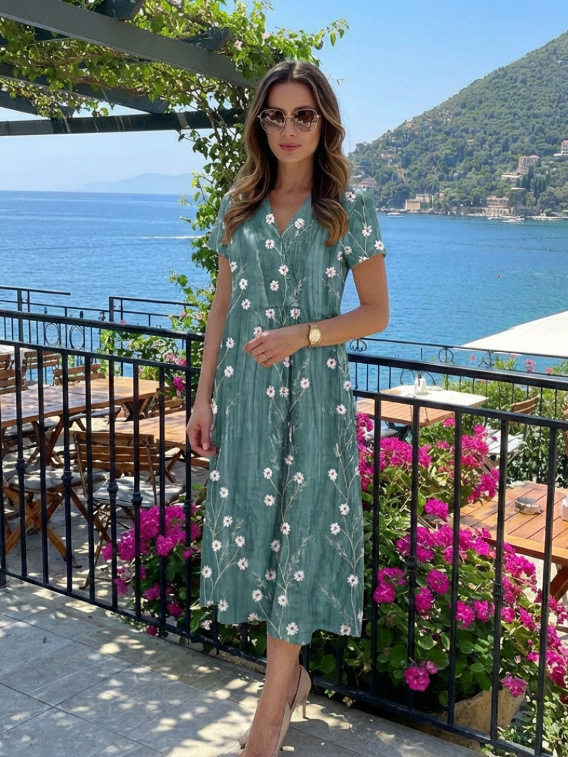Margaret | Robe Midi Florale à Manches Courtes