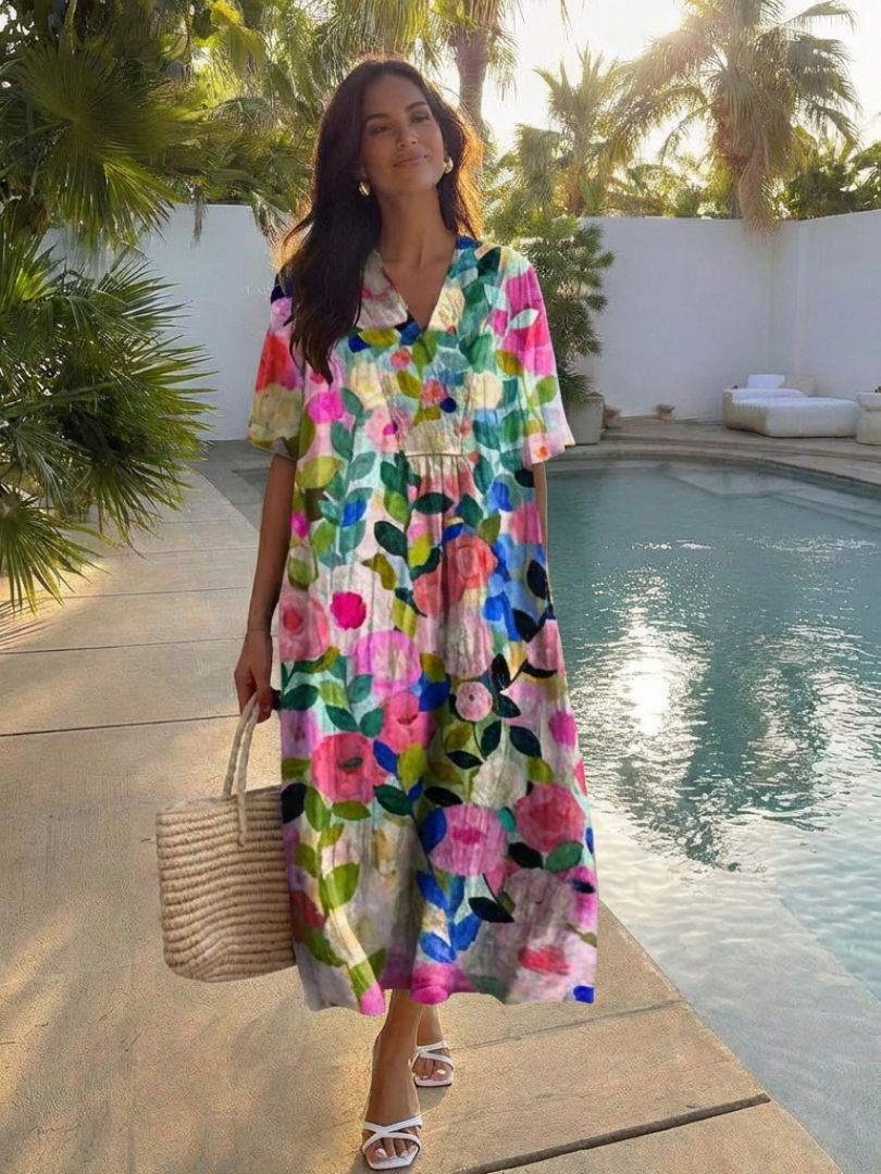 Margaret | Robe Midi Florale à Manches Courtes