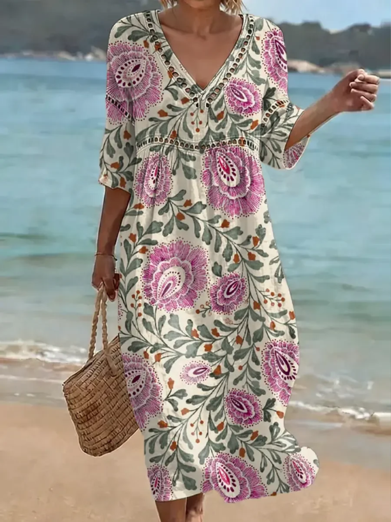 Caliza | Robe Boho avec décolleté en V et détails floraux