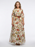 Odelia | Robe maxi à col rond et manches trois quarts avec ceinture