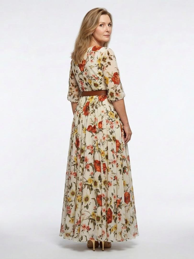 Odelia | Robe maxi à col rond et manches trois quarts avec ceinture