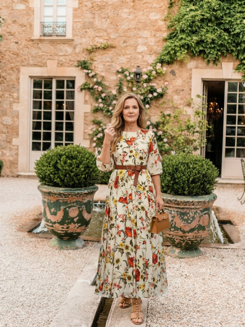 Odelia | Robe maxi à col rond et manches trois quarts avec ceinture