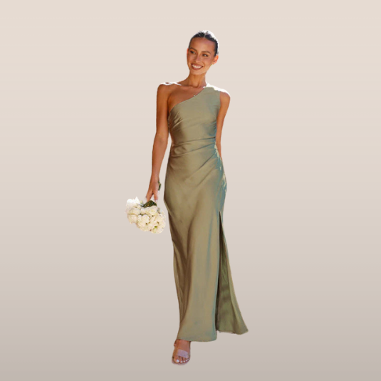 Robe Longue de Soirée pour Invité de Mariage en Satin avec Une Épaule et Fente
