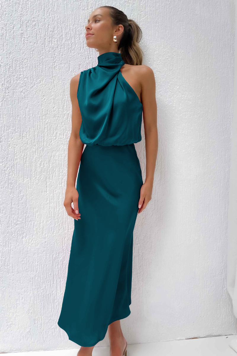 Robe de Soirée Longue en Satin Sans Manches avec Col Montant pour Femme