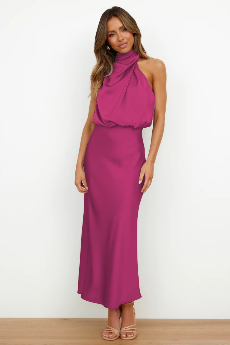 Robe de Soirée Longue en Satin Sans Manches avec Col Montant pour Femme