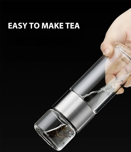WoodGlass Thermo – Bouteille Isotherme Portable Transparente avec Filtre à Thé pour Boissons Saines à Emporter