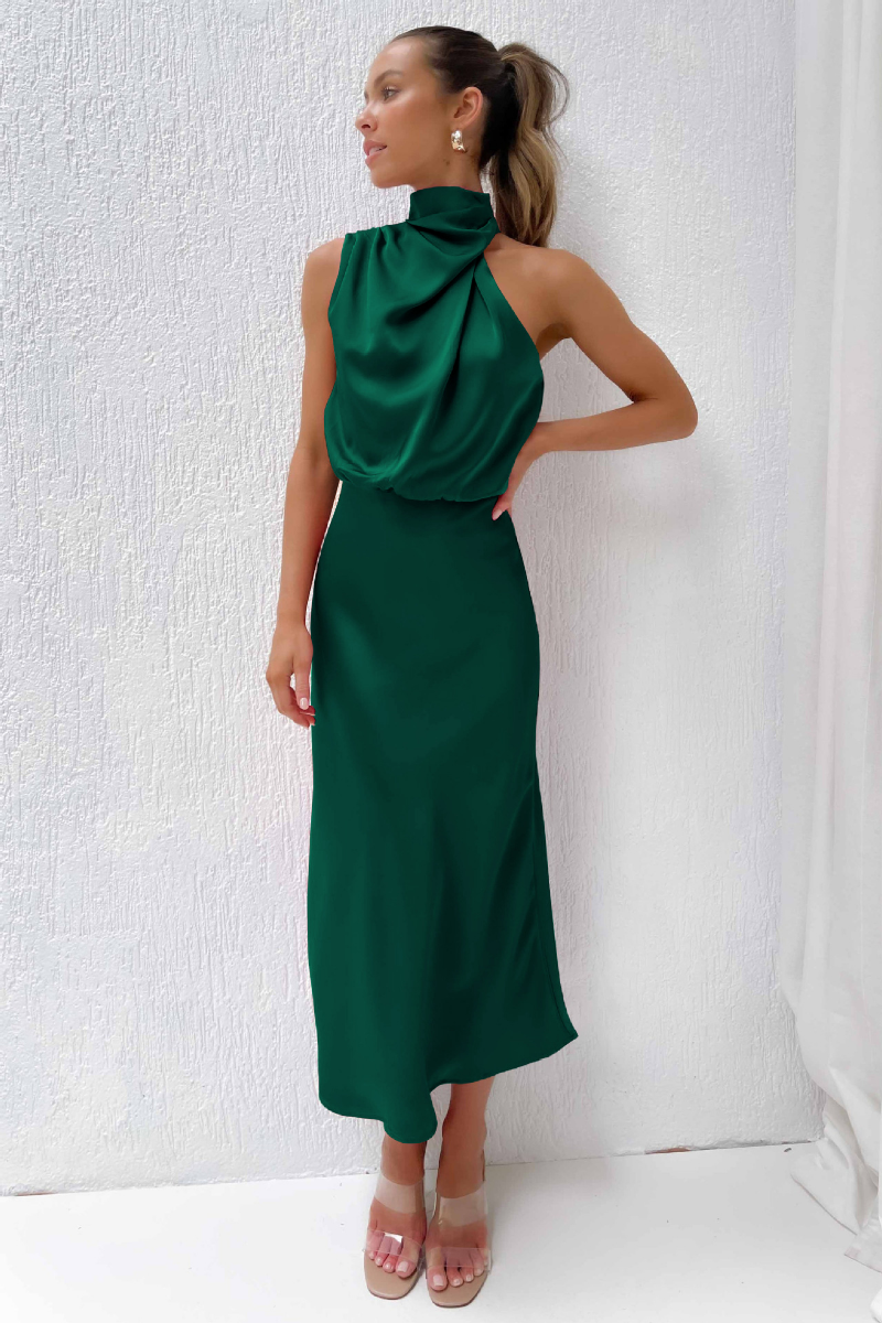 Robe de Soirée Longue en Satin Sans Manches avec Col Montant pour Femme
