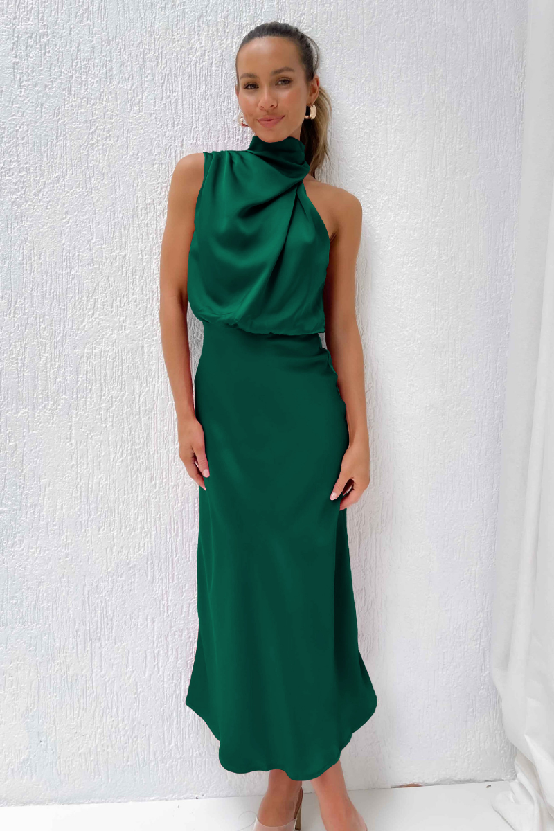 Robe de Soirée Longue en Satin Sans Manches avec Col Montant pour Femme