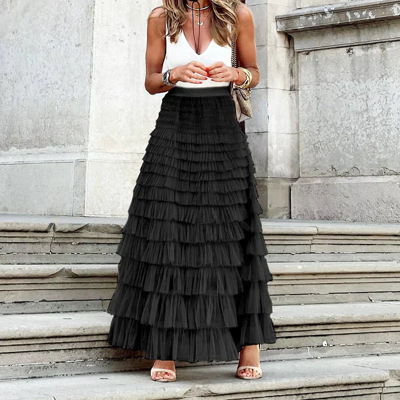 Jupe Maxi en Tulle avec Taille Élastique et Design Multicouches pour Femme