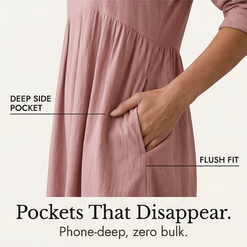 Elara – Robe midi en coton doux pour femmes avec poches