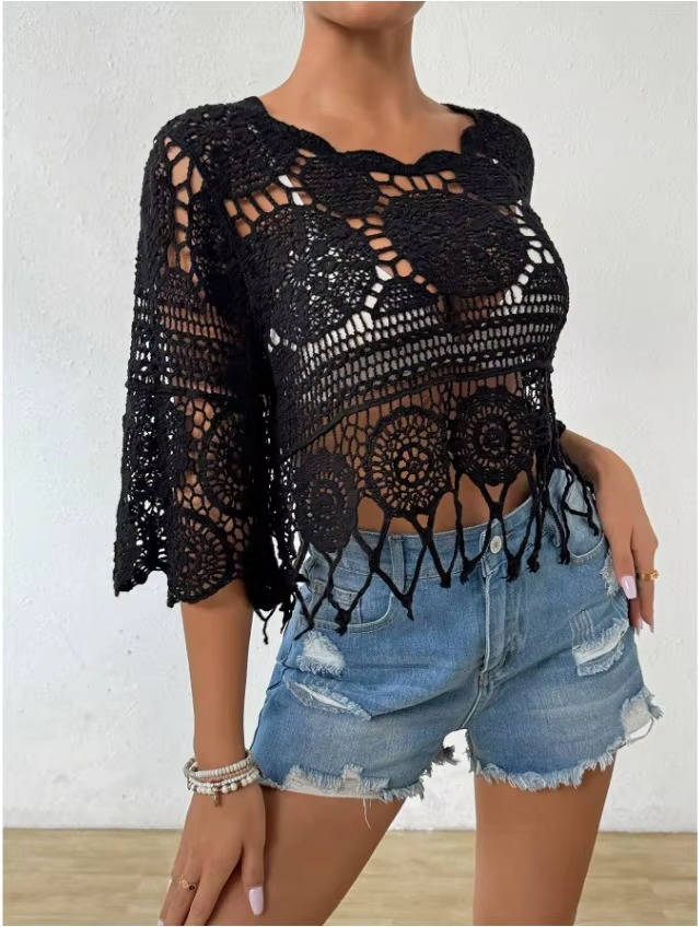 Cape de Plage en Crochet Aéré avec Pompons et Manches Mi-Longues