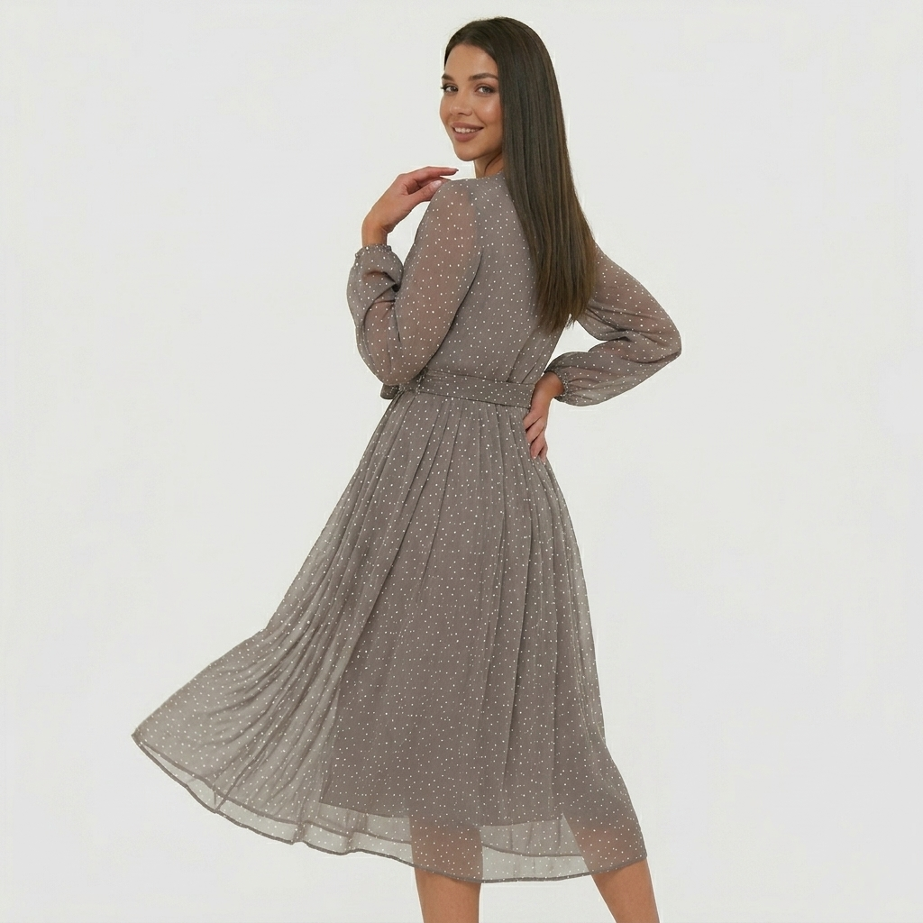 Robe Midi Femme à Pois Robe Élégante Manches Longues Évasée