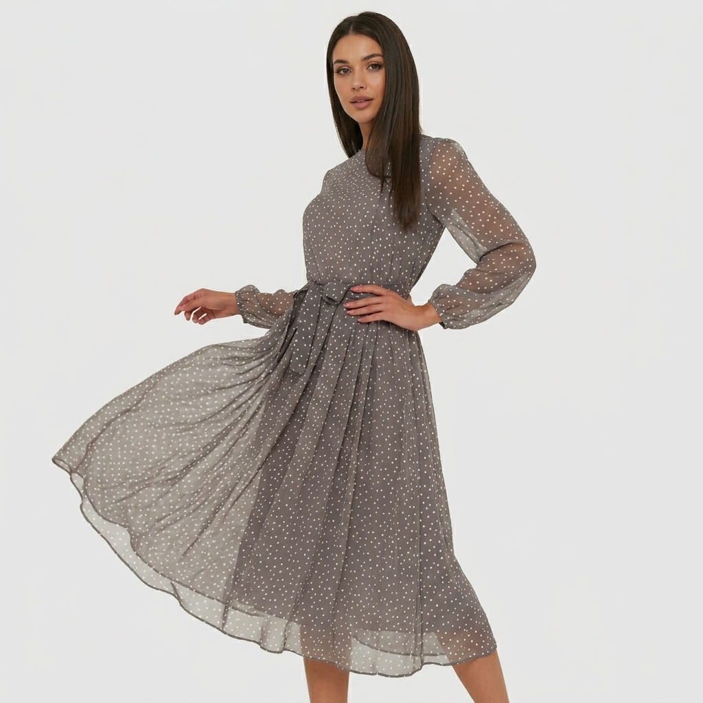 Robe Midi Femme à Pois Robe Élégante Manches Longues Évasée