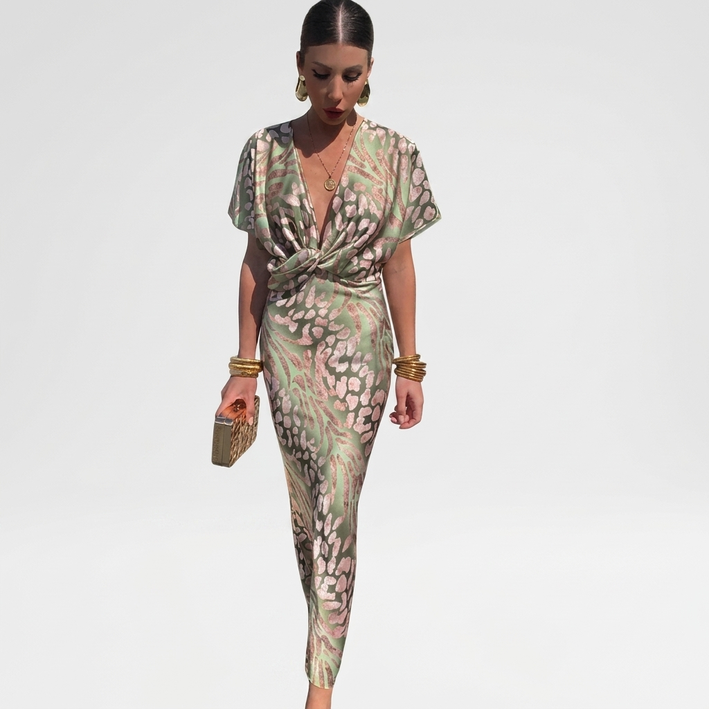 Robe Maxi Cache-Cœur Femme Élégante Robe Invitée Mariage Col V Fluide