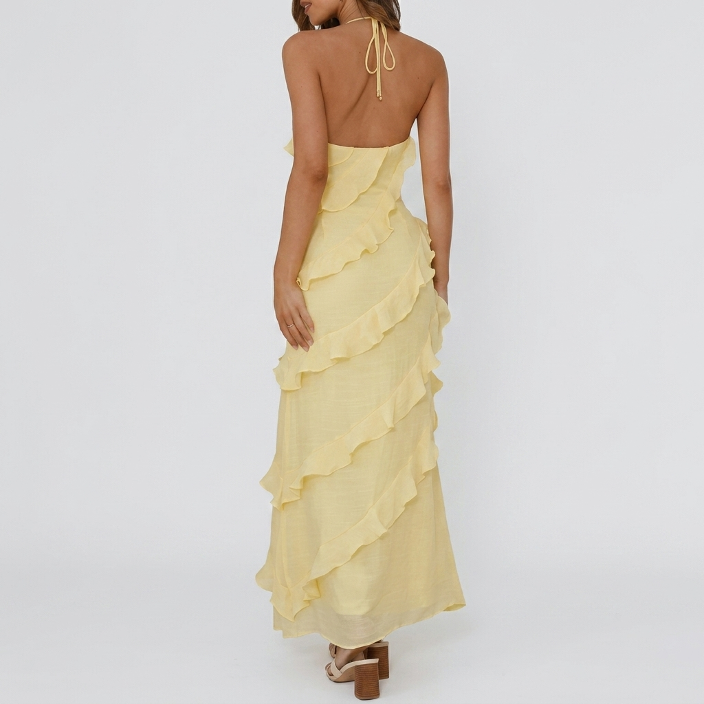 Robe Maxi Femme à Volants Robe Fluide Élégante Sans Manches