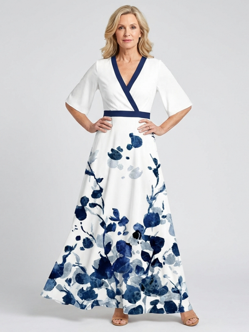 Eliza | Robe maxi florale à manches courtes en V