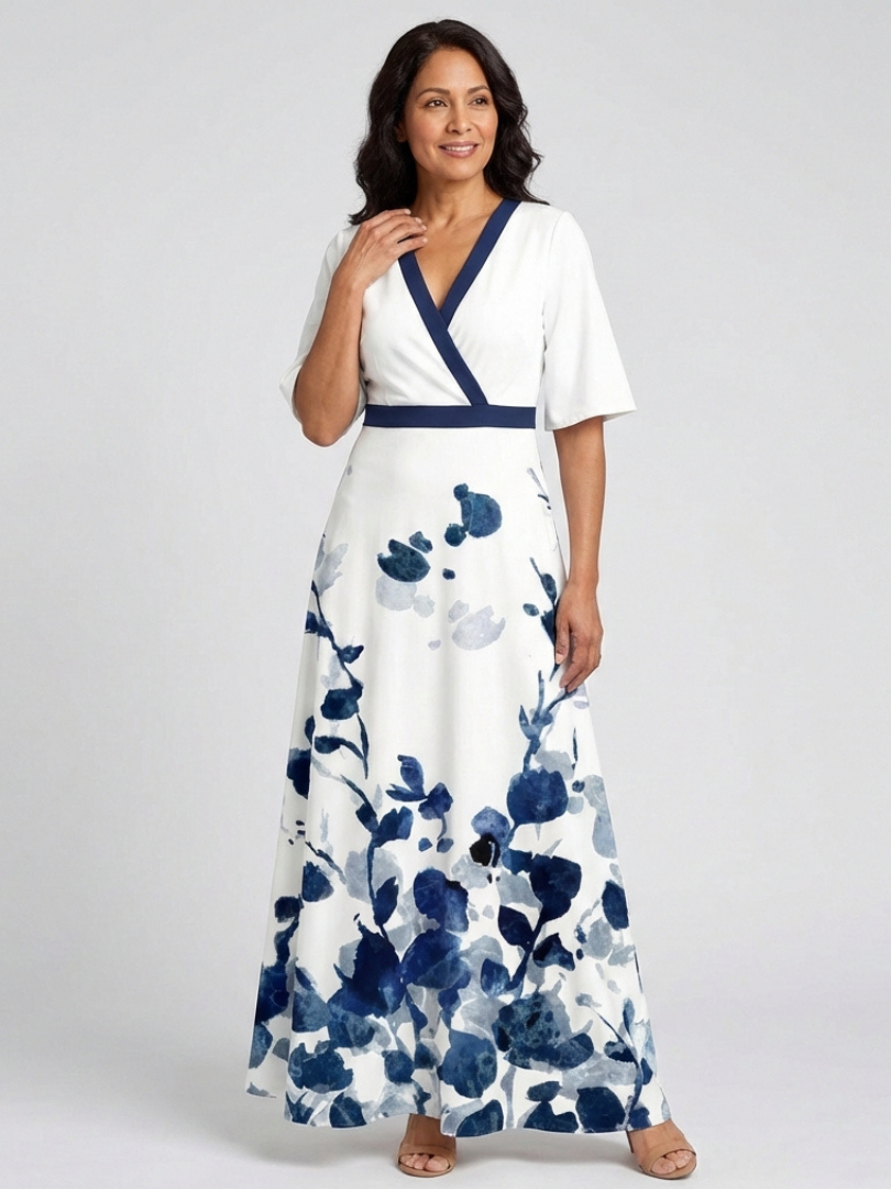 Eliza | Robe maxi florale à manches courtes en V