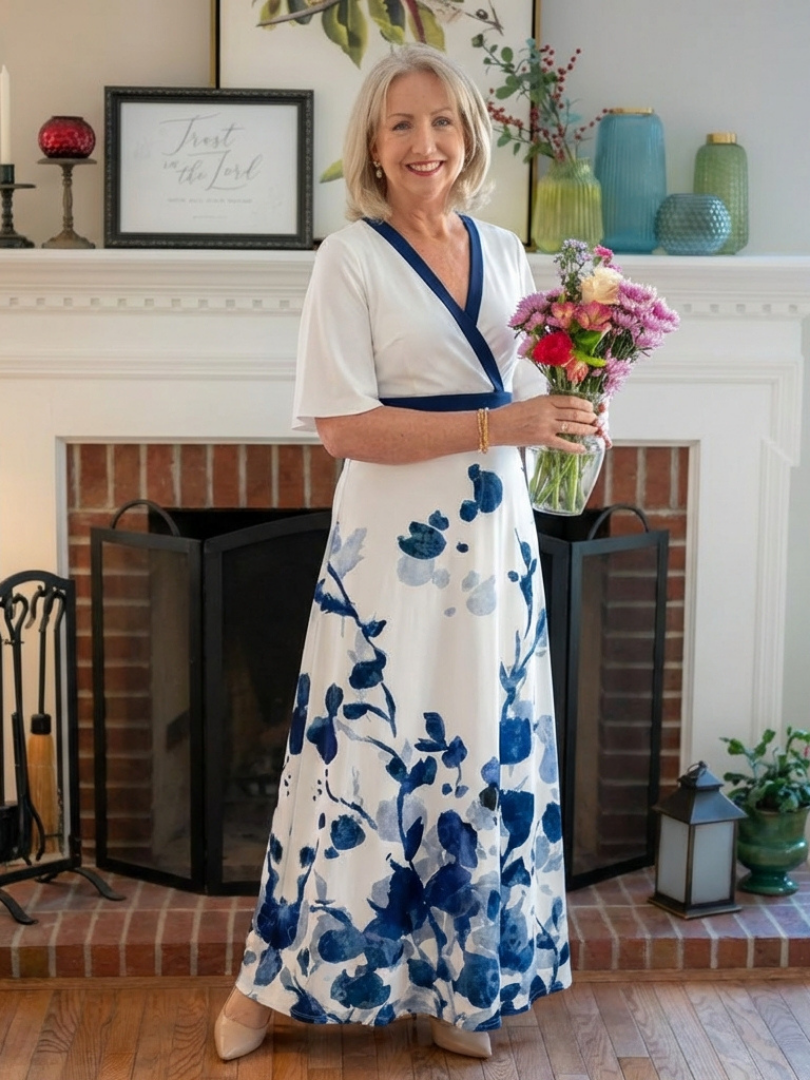 Eliza | Robe maxi florale à manches courtes en V