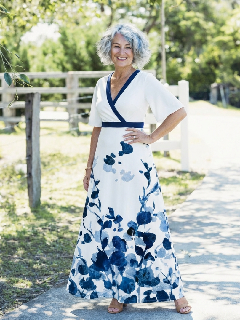 Eliza | Robe maxi florale à manches courtes en V