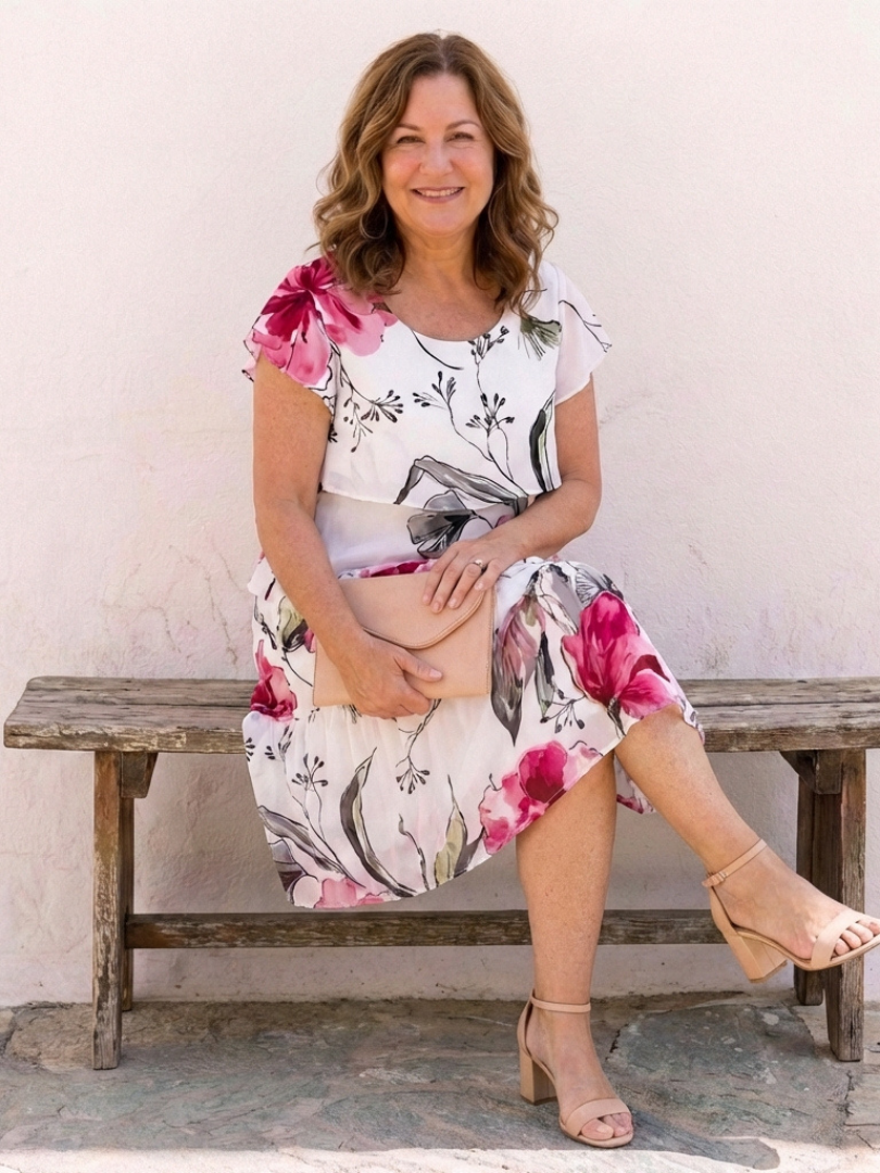 Eleanor | Robe à manches courtes florale à couches, longueur genou