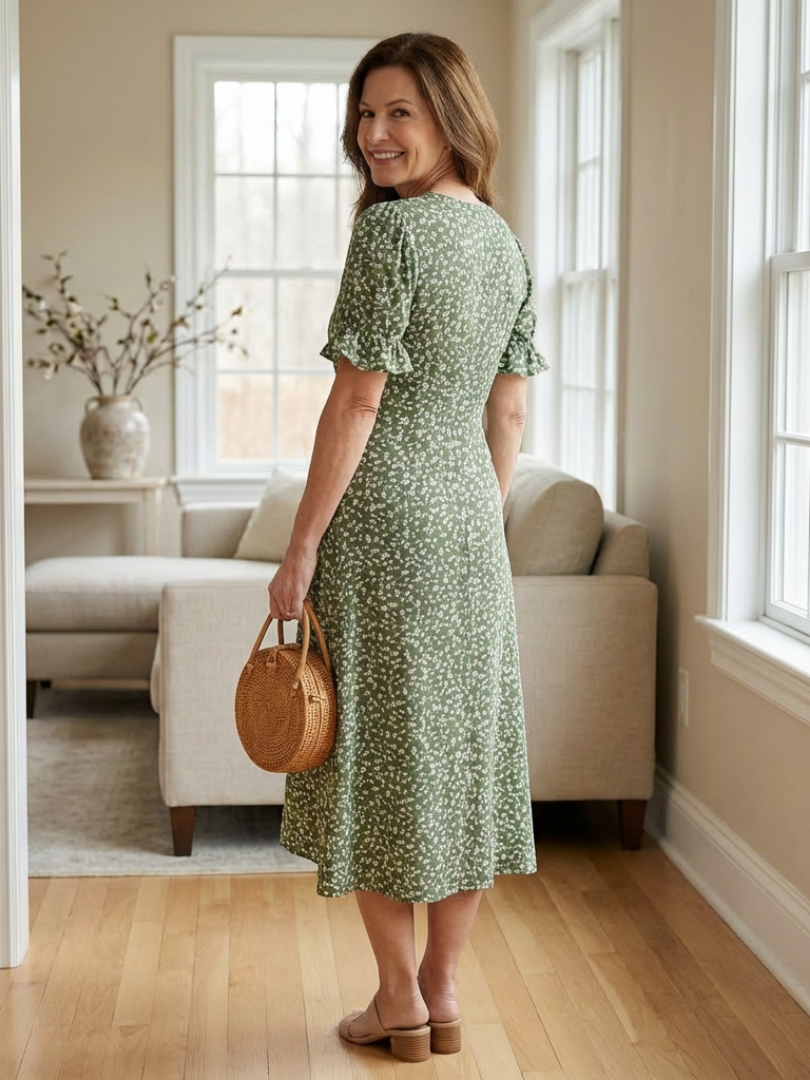 Margaret | Robe Midi Fleurie à Manches Courtes en V
