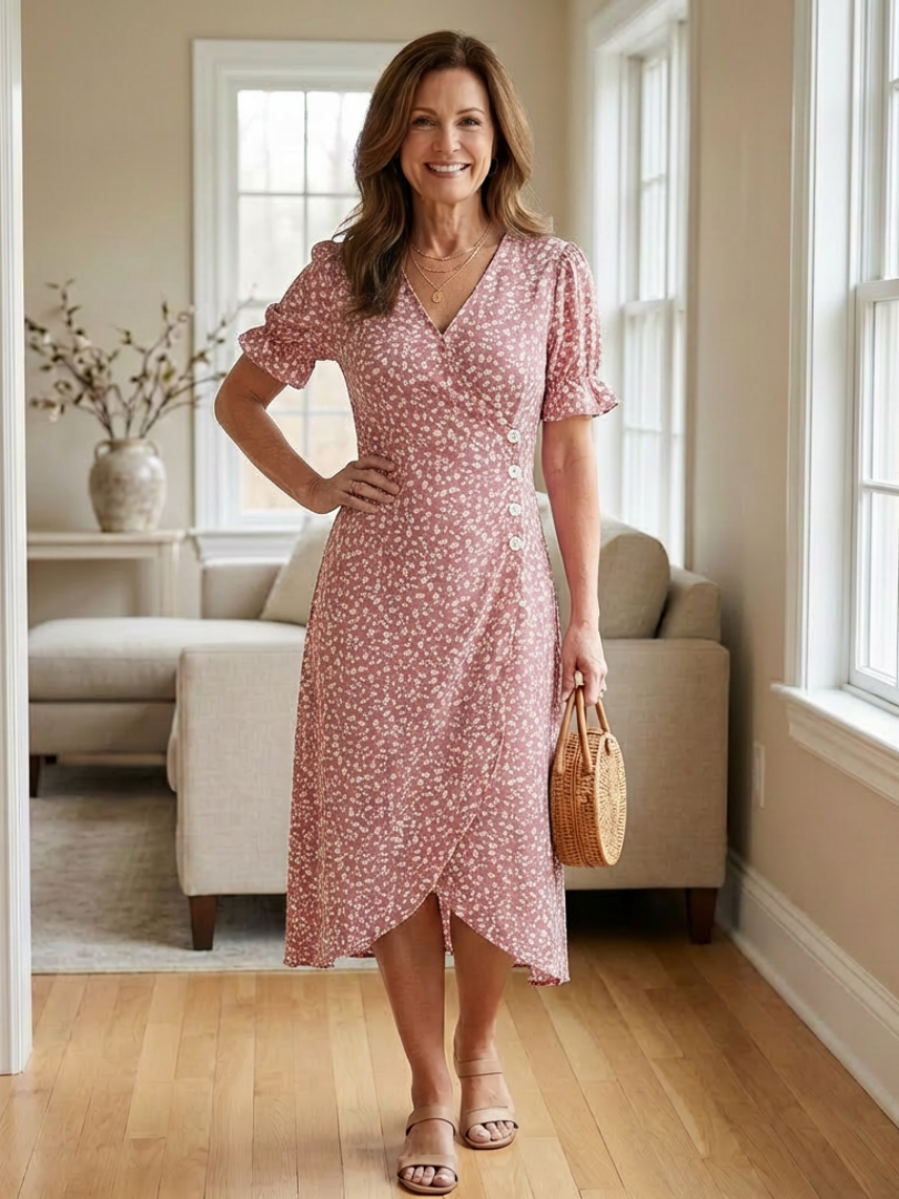 Margaret | Robe Midi Fleurie à Manches Courtes en V