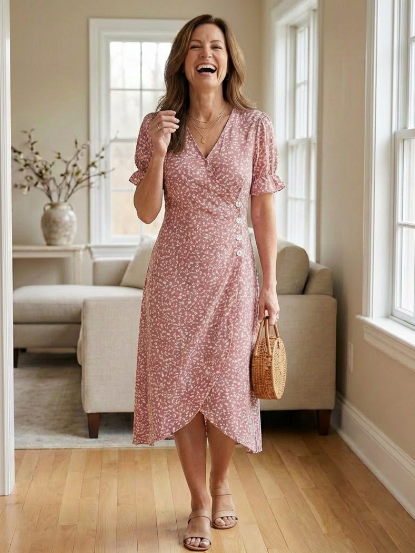 Margaret | Robe Midi Fleurie à Manches Courtes en V