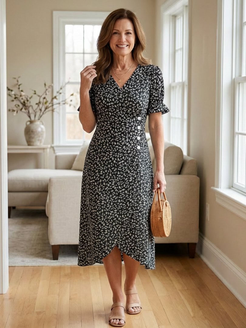 Margaret | Robe Midi Fleurie à Manches Courtes en V