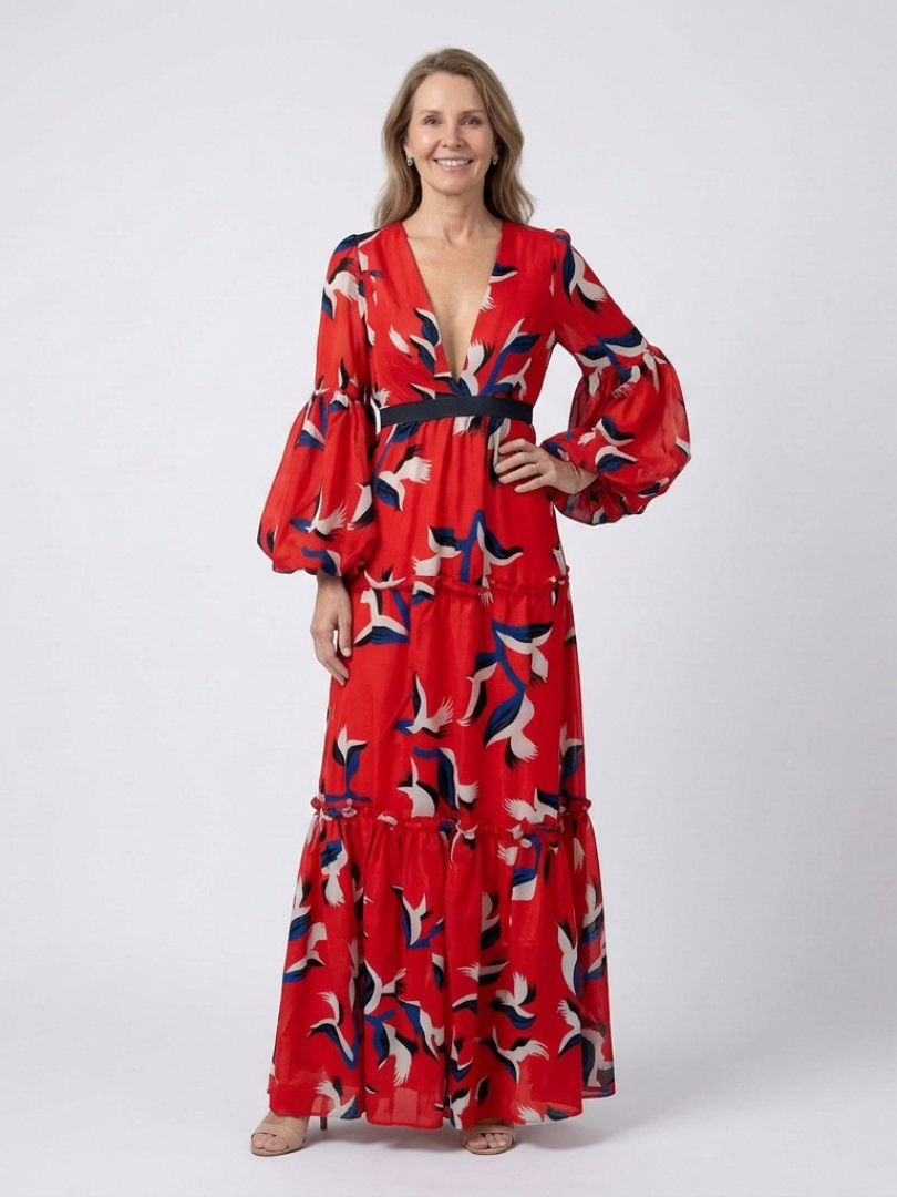 Isolde | Robe Maxi à Encolure en V et Ceinture à Nouer à Manches Longues