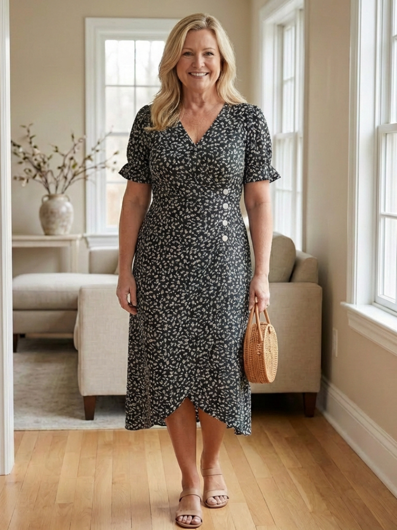 Margaret | Robe Midi Fleurie à Manches Courtes en V