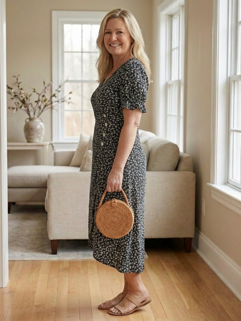 Margaret | Robe Midi Fleurie à Manches Courtes en V