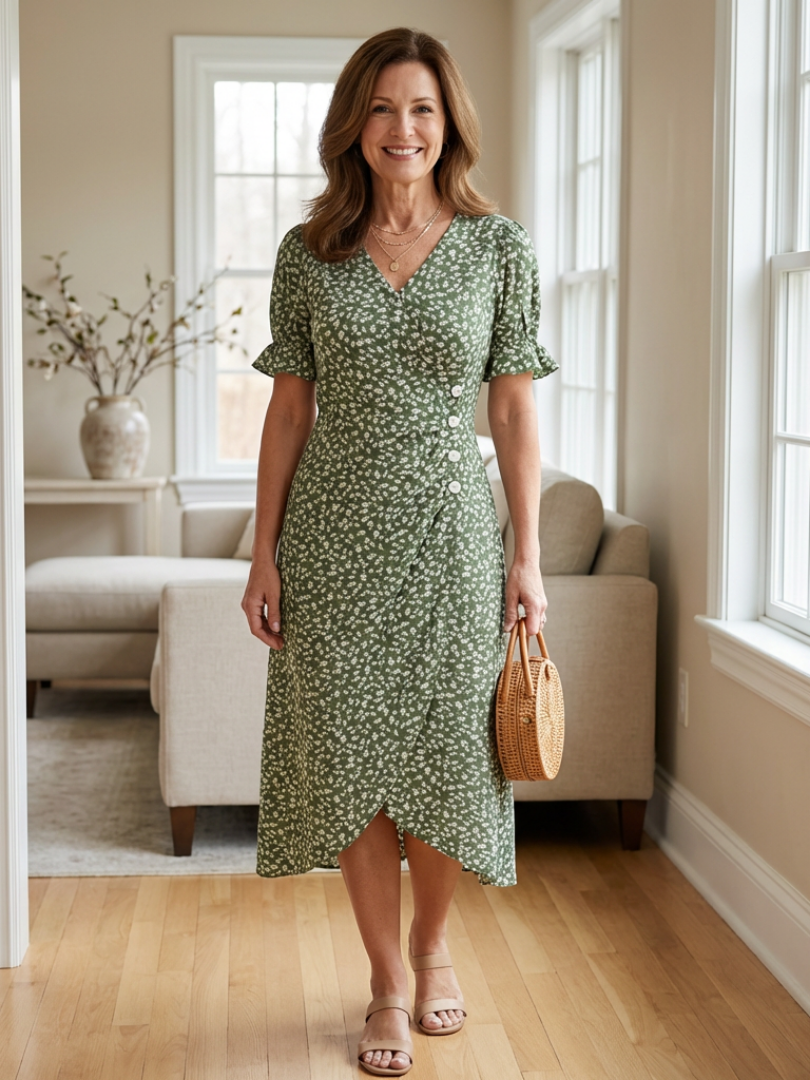 Margaret | Robe Midi Fleurie à Manches Courtes en V