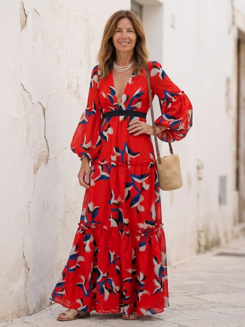Isolde | Robe Maxi à Encolure en V et Ceinture à Nouer à Manches Longues