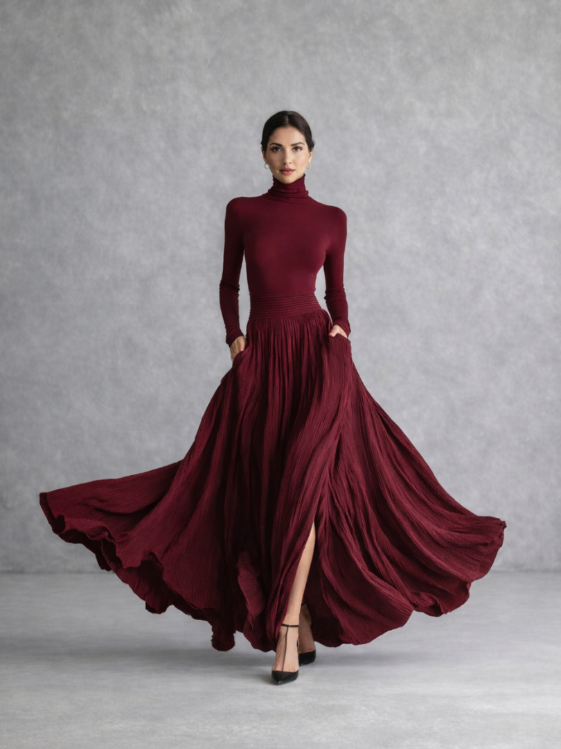 Isla | Robe maxi à col roulé et jupe plissée